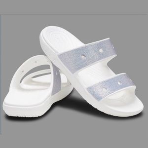 Crocs white and silver classic glitter sandal with bonus charms NWT